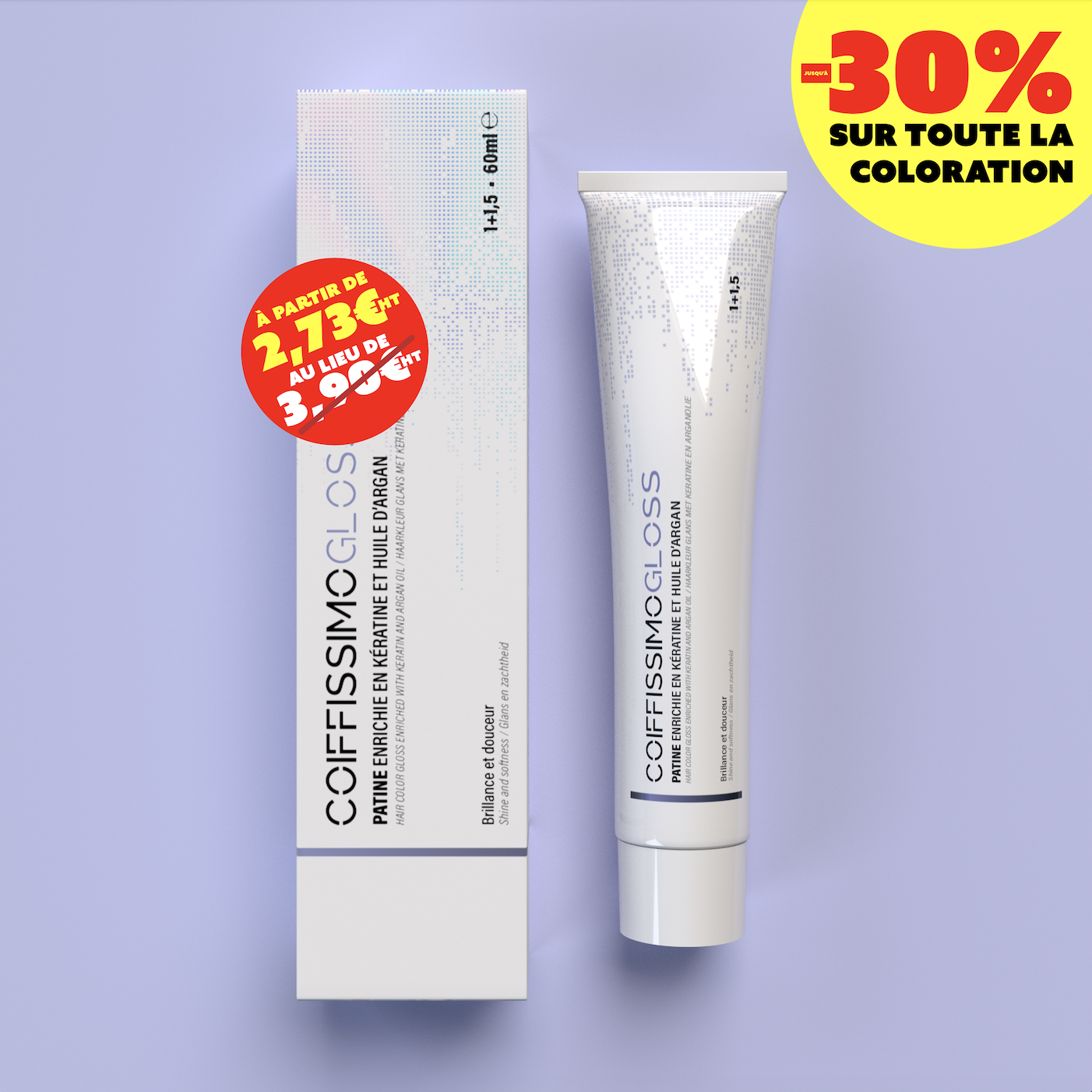 Hair color product tube and box with a 30% discount label.