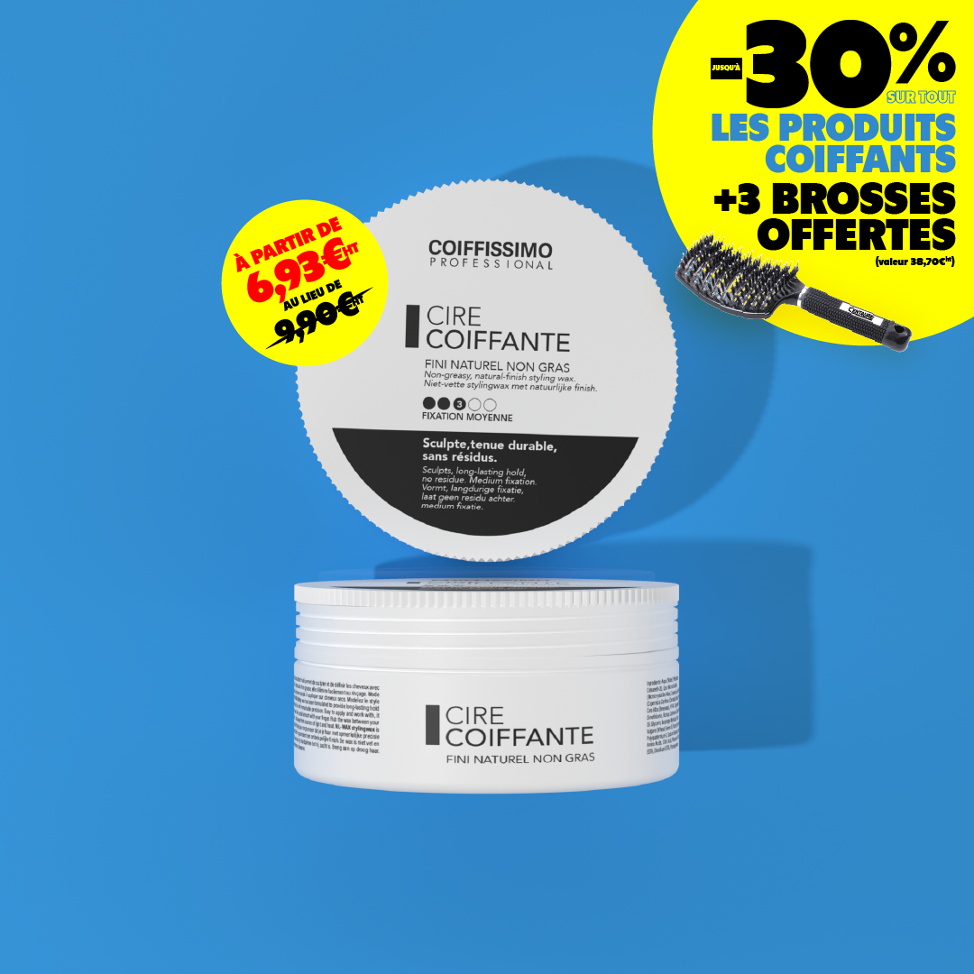 A promotional image for Coiffissimo hair wax showing the product jar, a hairbrush, and sale information in French.