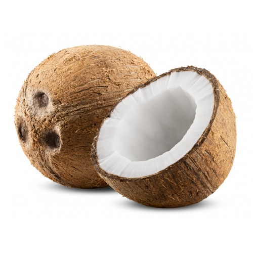 Whole and half-cut coconut on a white background.