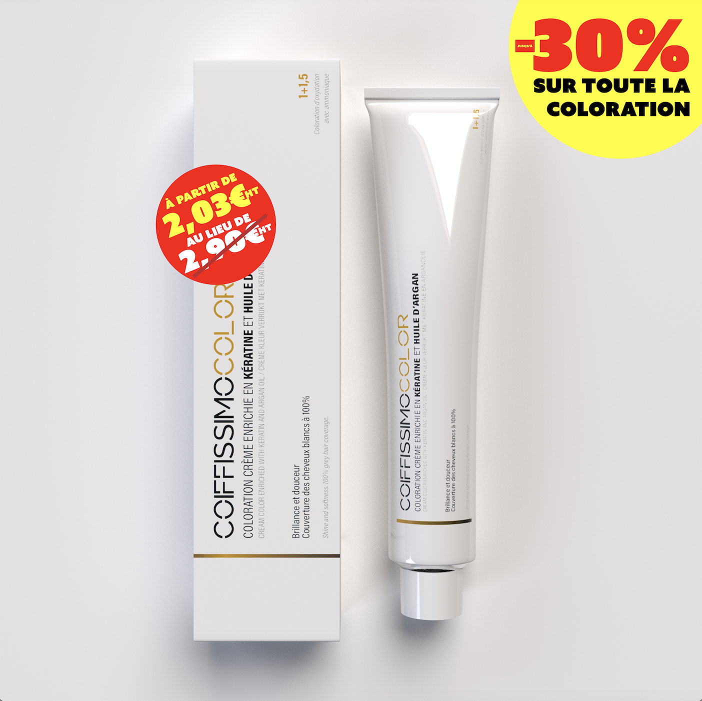 Hair color cream tube and box with discount labels.