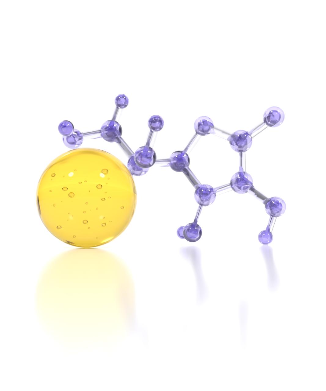 A 3D rendering of a purple molecular structure next to a yellow sphere with bubbles inside.