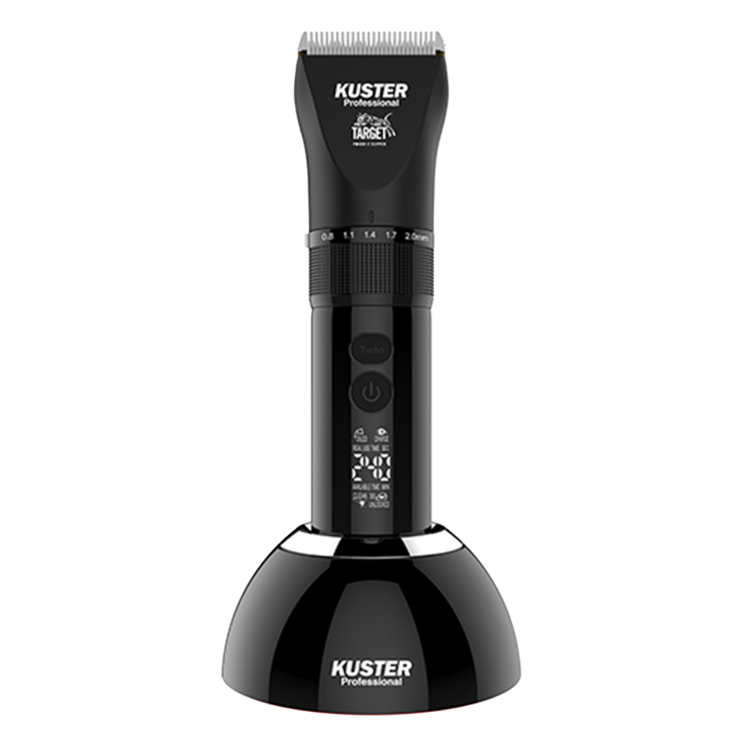 Electric hair clipper with titanium carbon blade and three interchangeable heads.