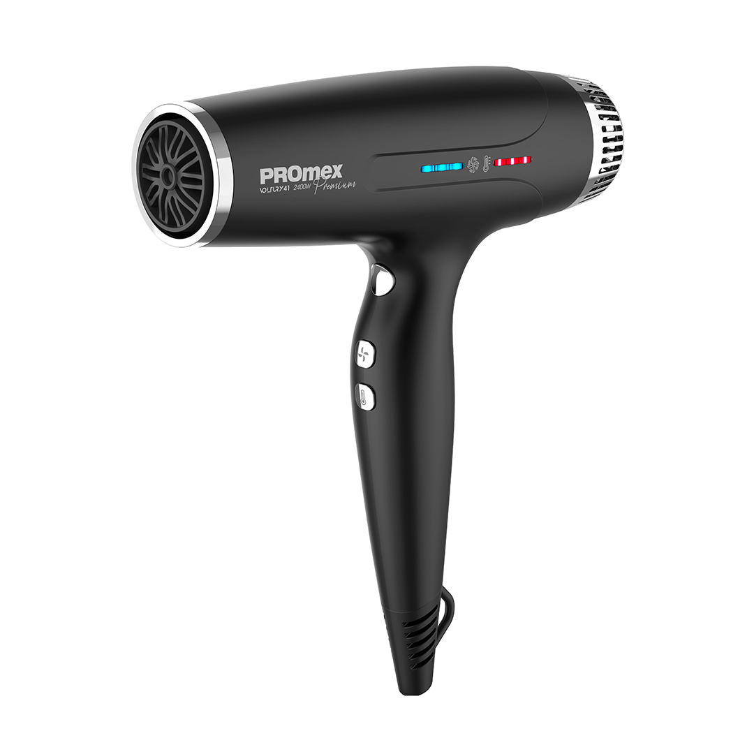 Black hair dryer with buttons and brand logo on a white background.