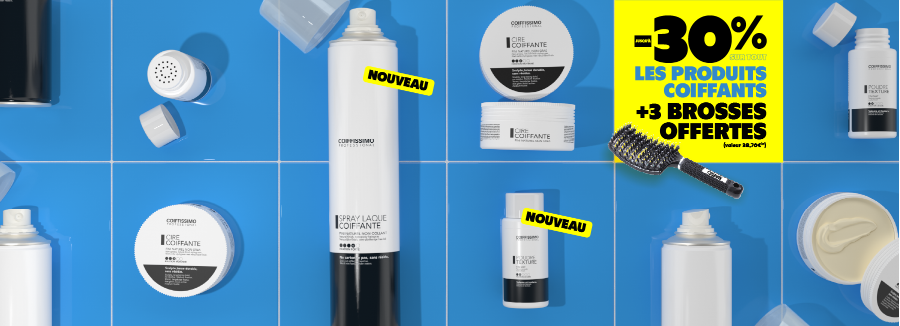 Packaging of Easyblond powder and Fiberprotech spray on a purple background with discount text.