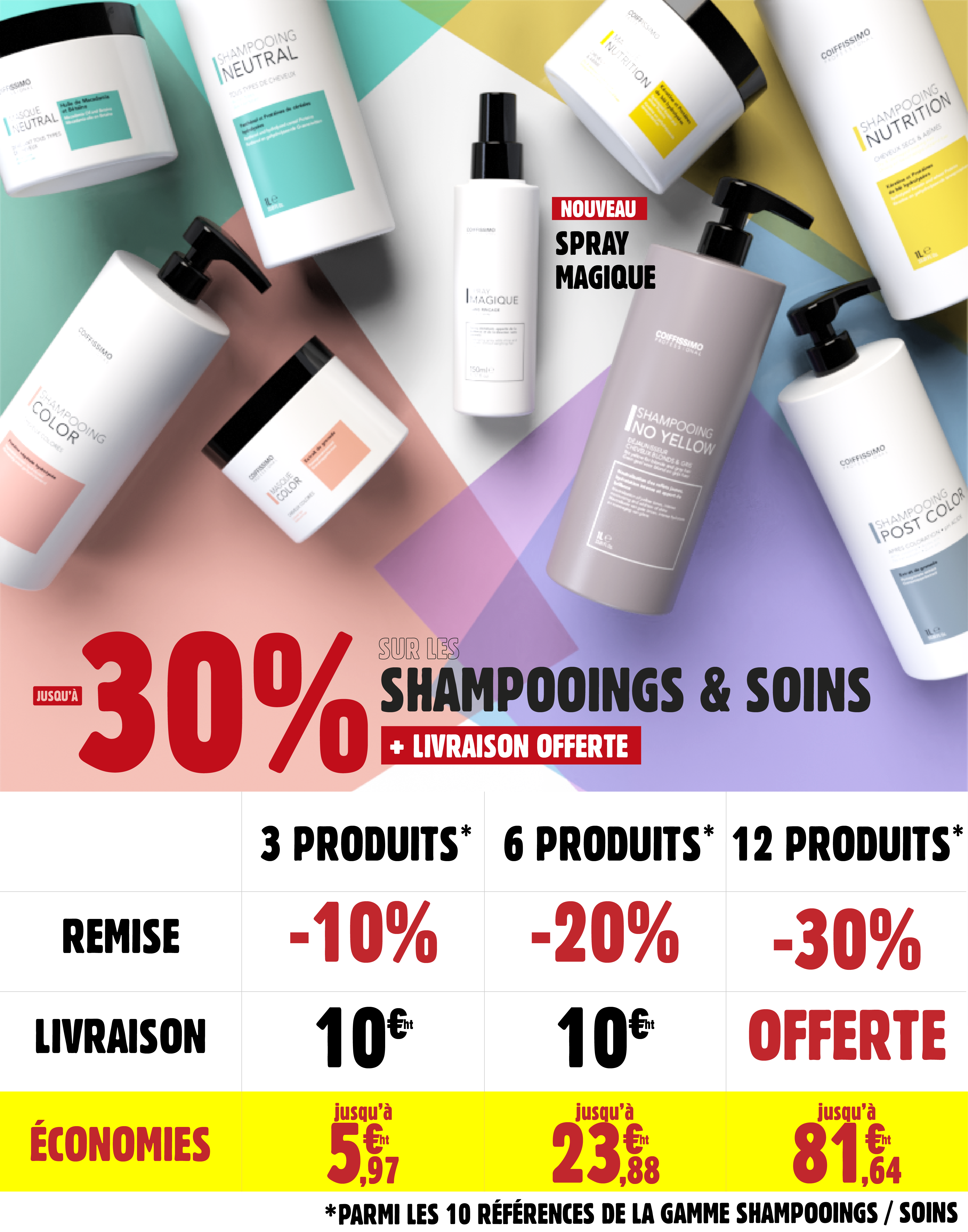 Colorful layout with various shampoo bottles, French text, and a discount offer.