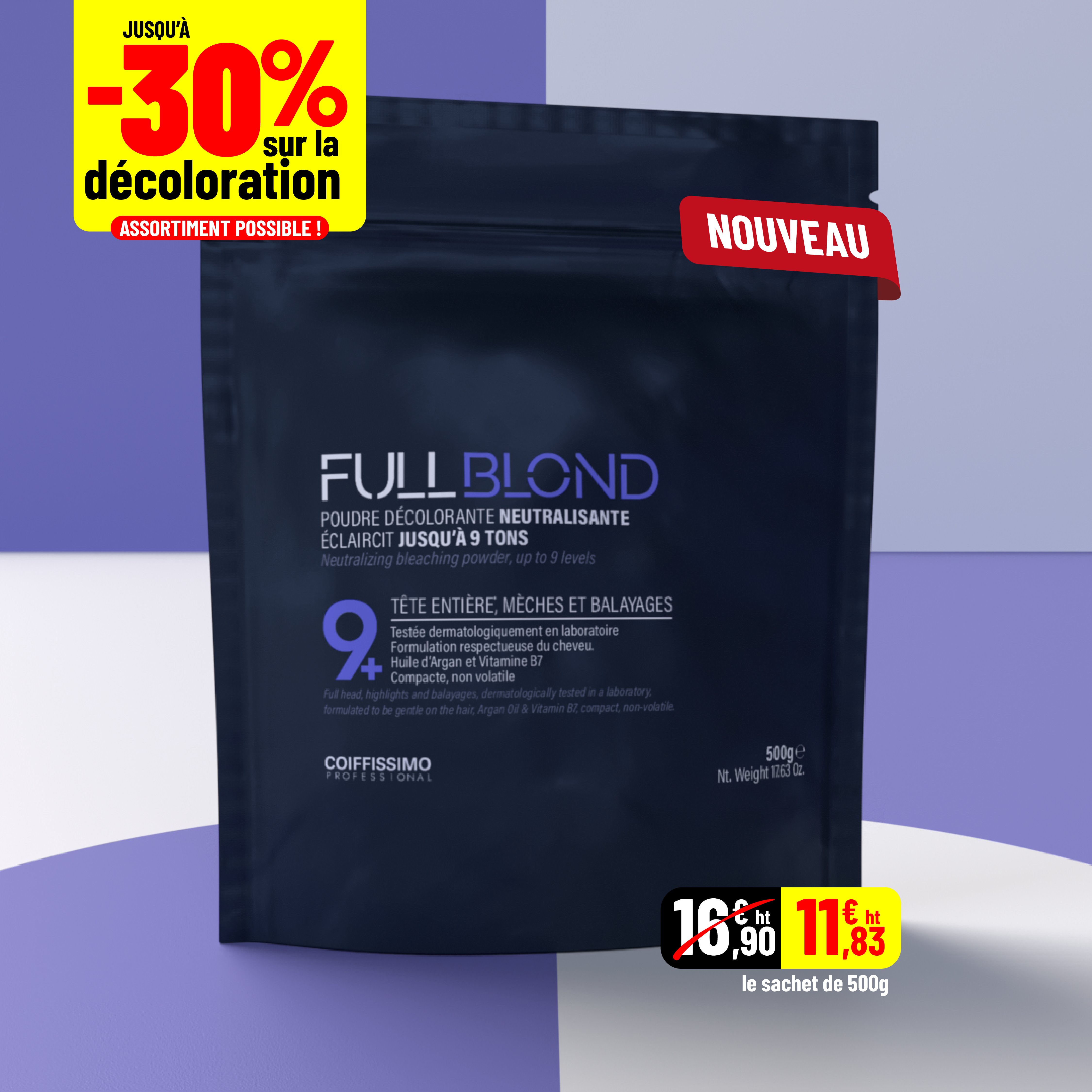 A pouch of Full Blond bleaching powder with promotional graphics showing a 30% discount.