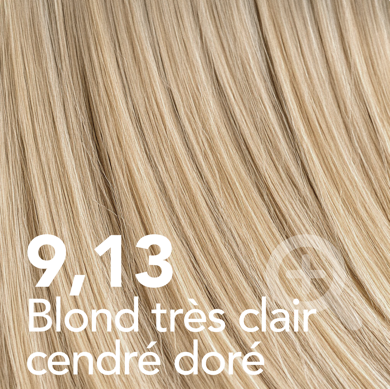A close-up of a light blonde hair color swatch labeled '9,13 Blond très clair cendré doré'.