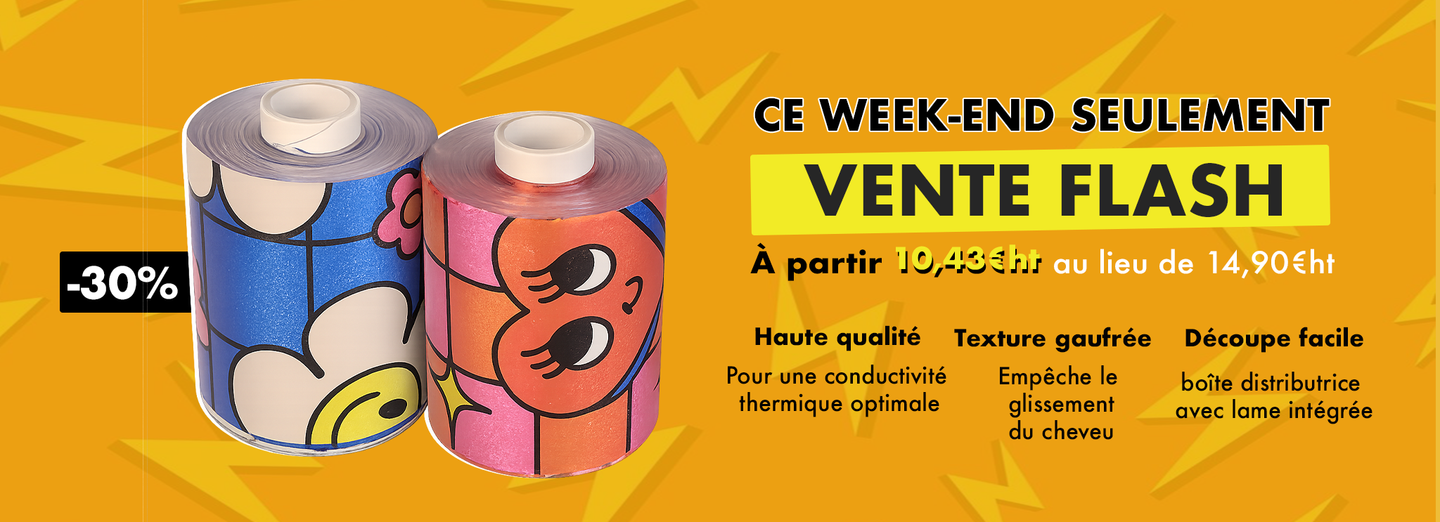 Packaging of Easyblond powder and Fiberprotech spray on a purple background with discount text.