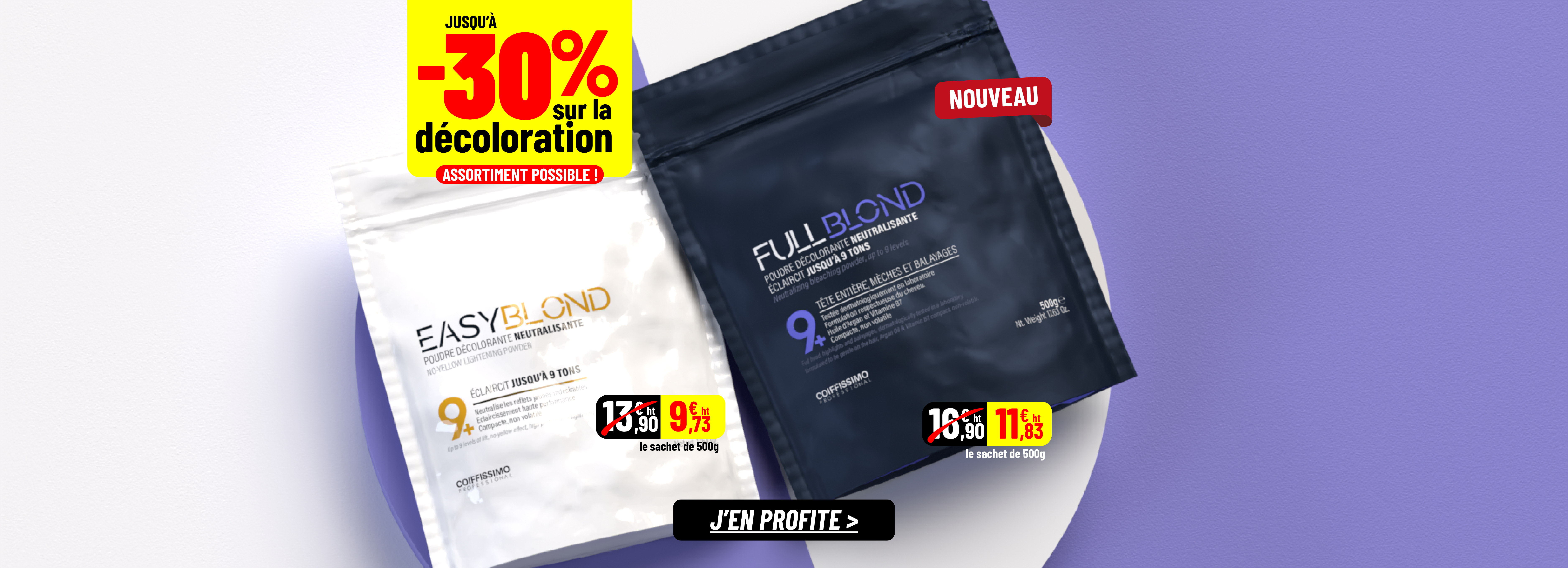 Two pouches of hair bleaching powder, EasyBlond and FullBlond, with French promotional text and prices.