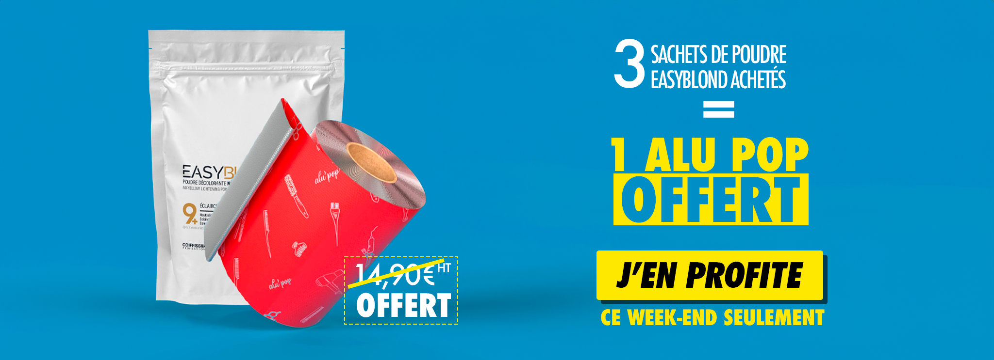 Packaging of Easyblond powder and Fiberprotech spray on a purple background with discount text.