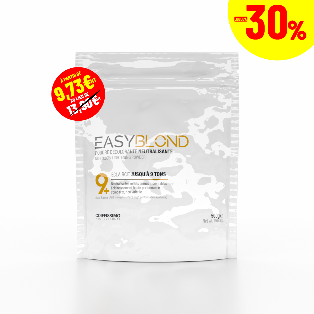 A white pouch of Coiffissimo Professional Easyblond neutralizing lightening powder on a white background with promotional stickers.