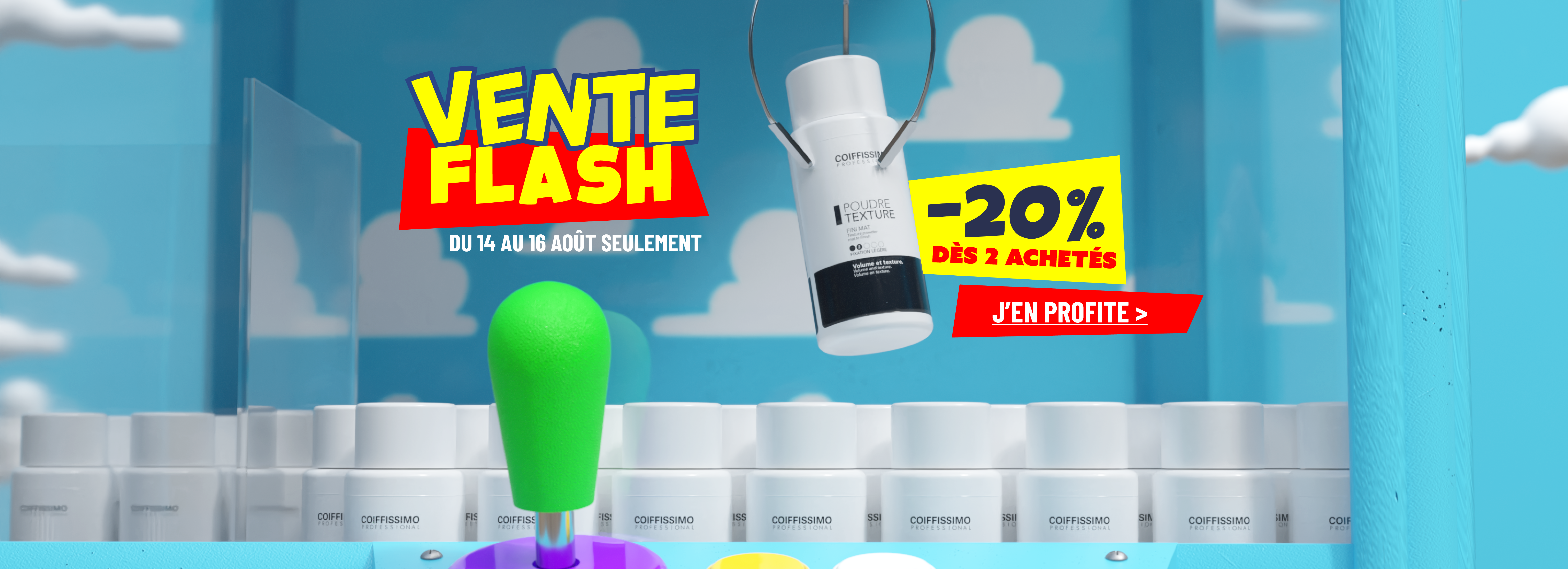 A promotional banner for Coiffissimo hair color products with various tubes on a blue background and sales text.
