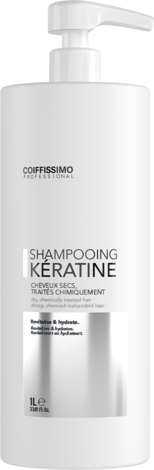 White shampoo bottle labeled 'Shampooing Kératine' for dry, chemically treated hair.