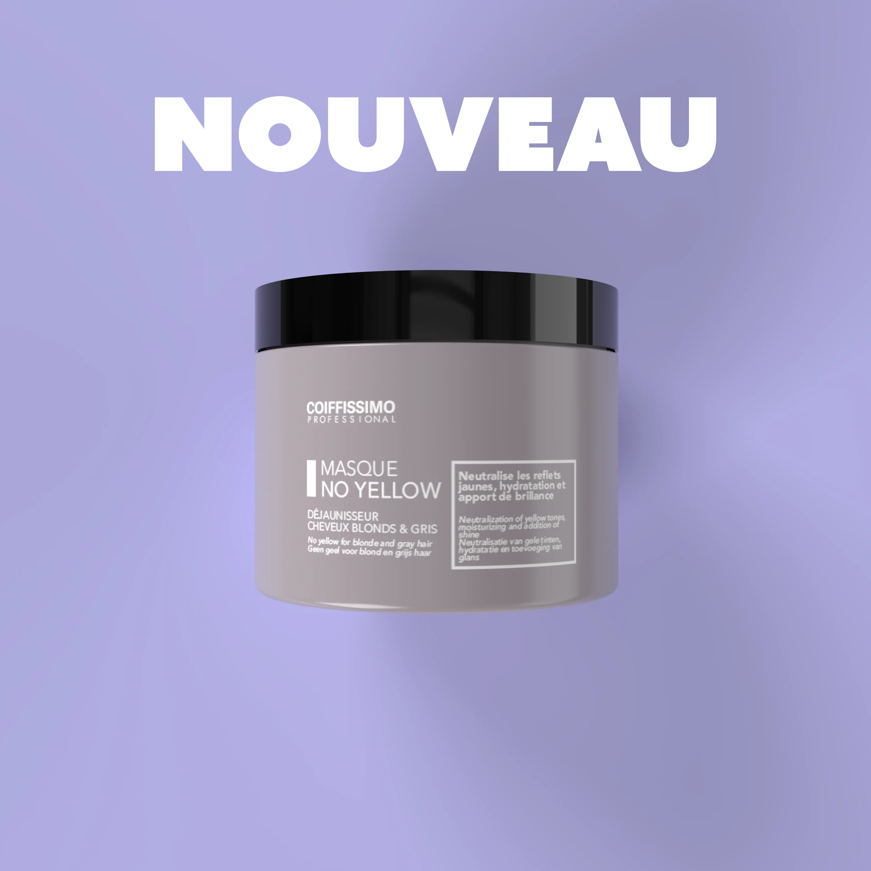 A jar of Coiffissimo Professional No Yellow hair mask against a purple background with the word 'NOUVEAU'.