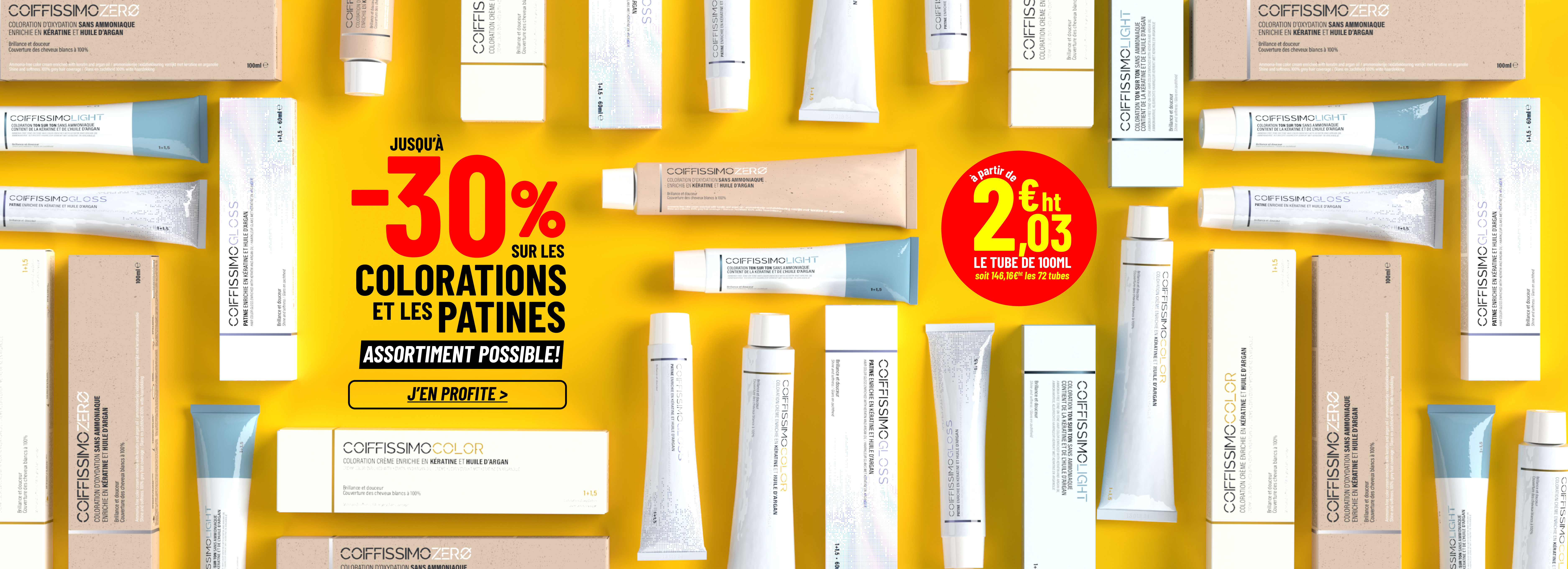 An advertisement for Coiffissimo hair coloring products arranged on a yellow background with a 30% off promotion.