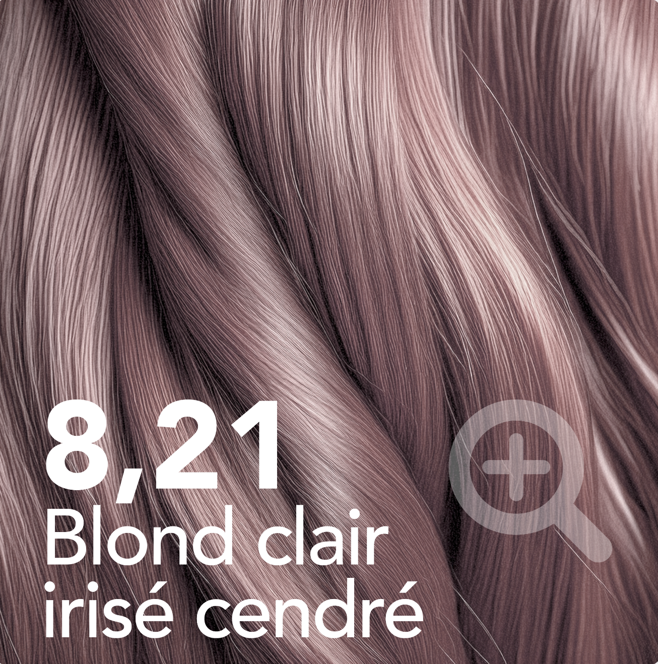 A close-up of a hair swatch in a light iridescent ash blonde color, labeled '8,21 Blond clair irisé cendré'.