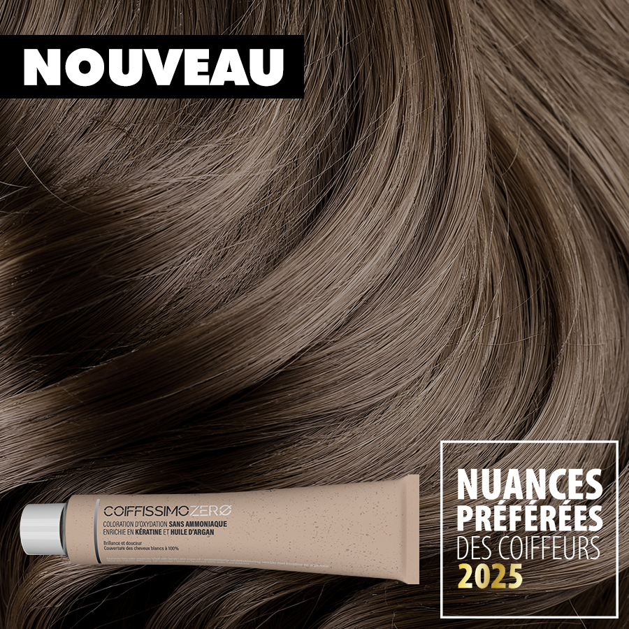 Close-up of brown hair with text overlay in French.