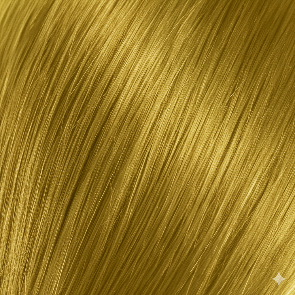 Close-up of shiny golden blonde hair strands.