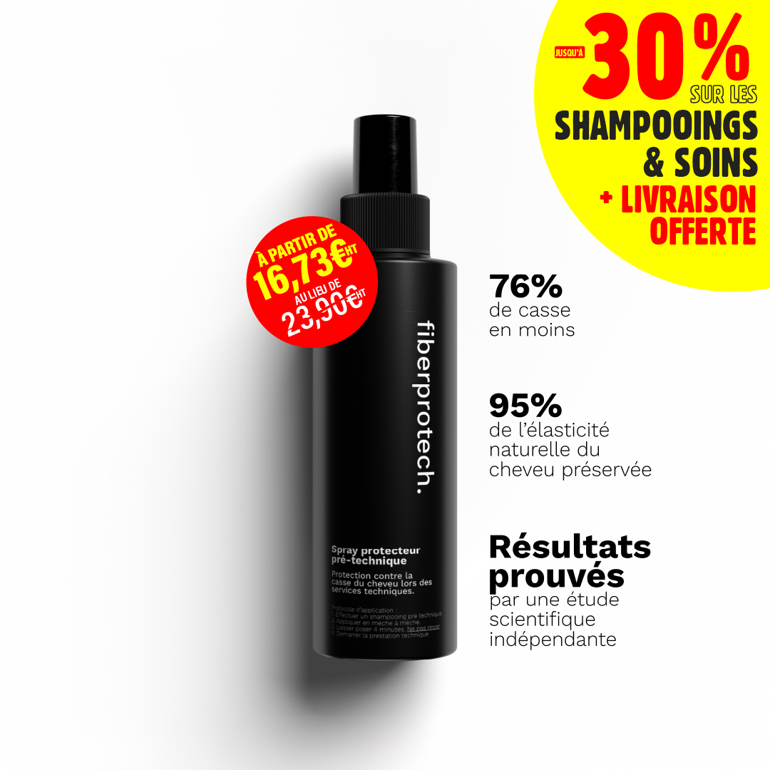 A black spray bottle of Fiberprotech hair product, surrounded by promotional text in French.