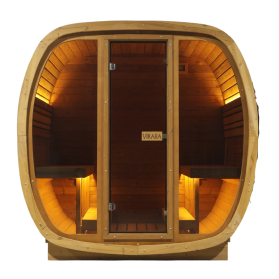 Wooden barrel sauna with interior lighting and glass door.