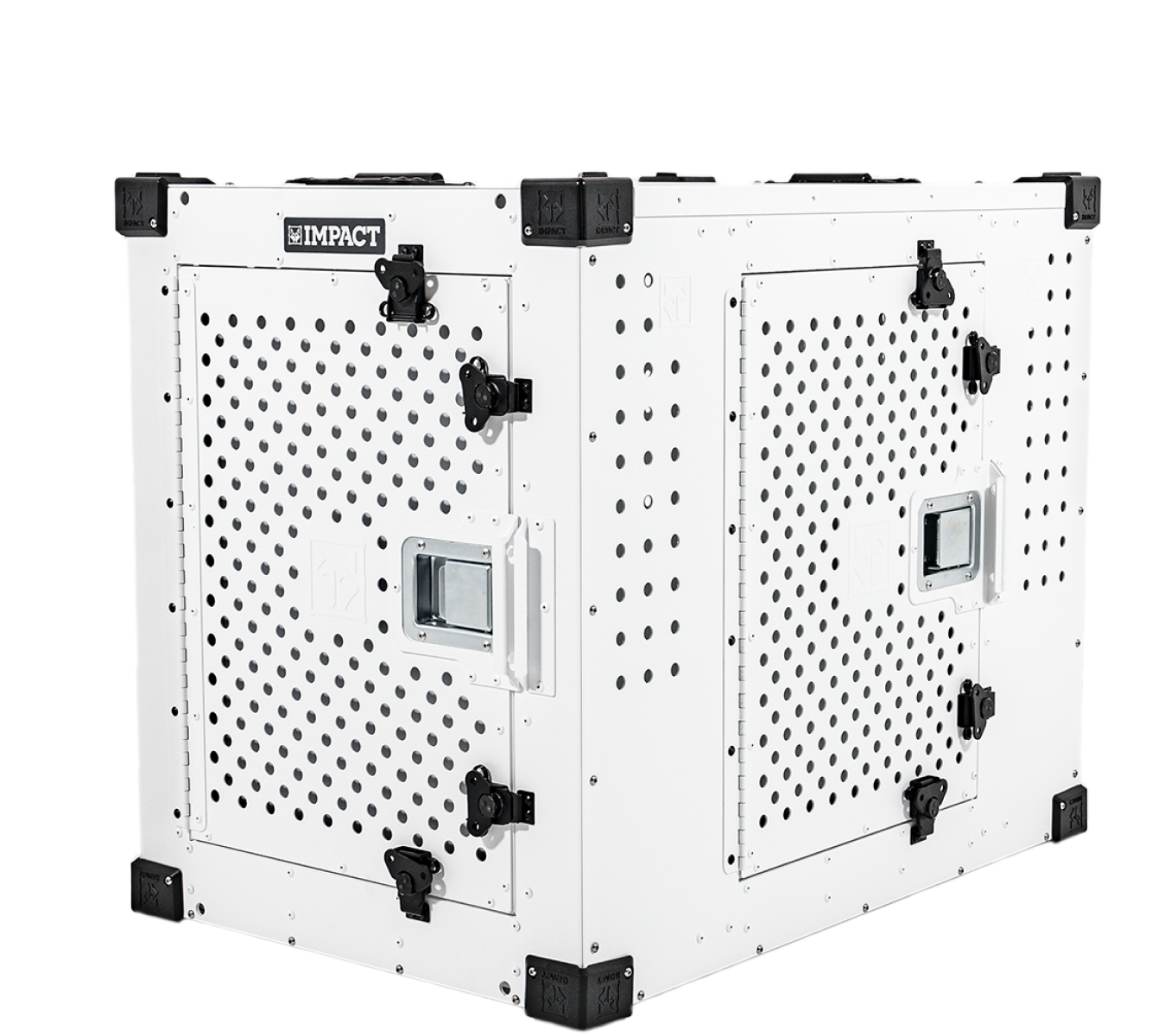 White perforated metal crate with black latches and handles.