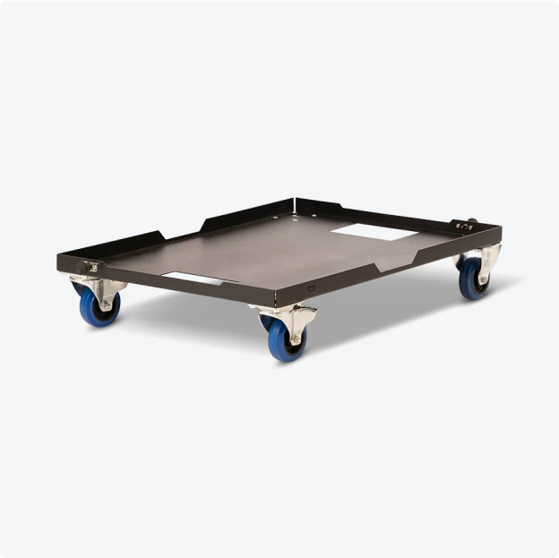 A flat, black dolly with four blue wheels on a white background.