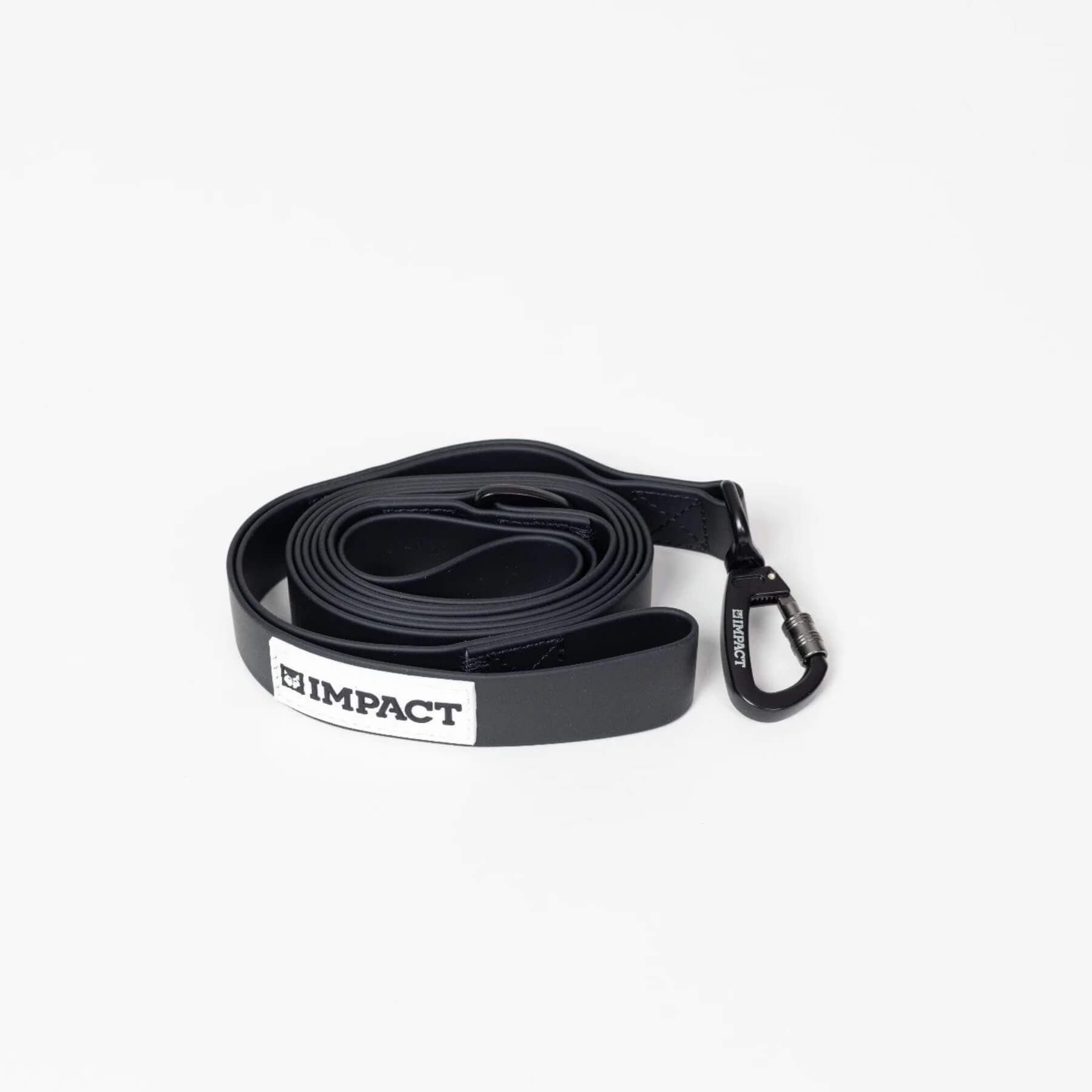 Black coiled strap with a carabiner and 'IMPACT' label on a white background.