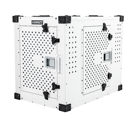 White perforated metal box with black latches and handles.