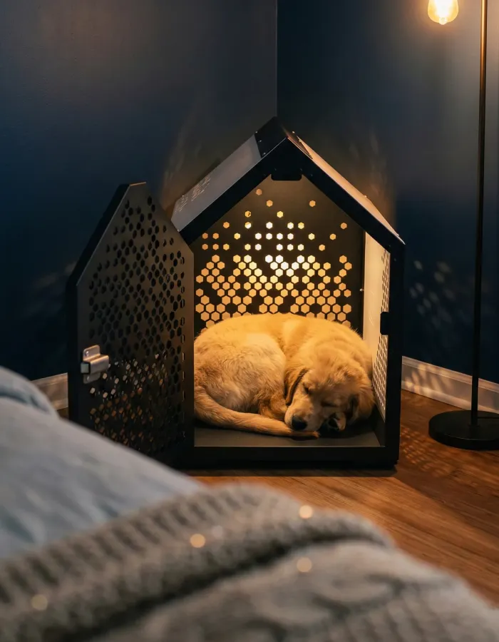 A golden dog sleeps curled up inside a modern, illuminated, house-shaped dog crate in a bedroom.