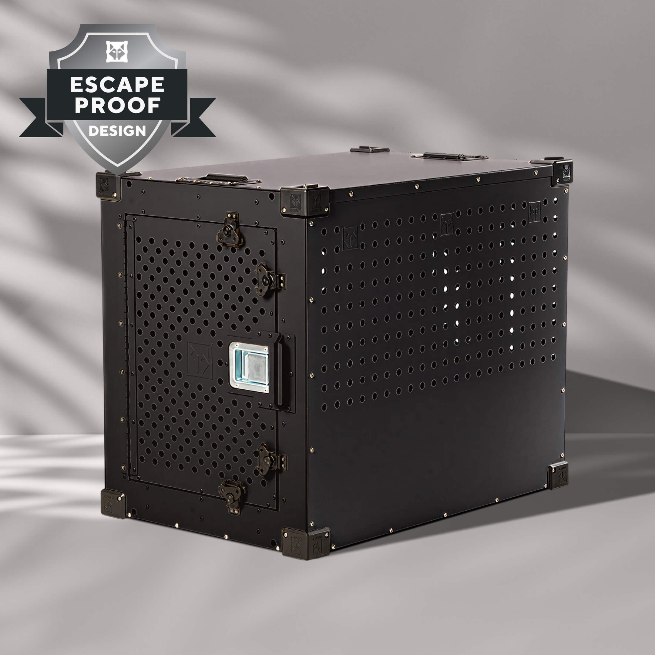 Black perforated metal box with 'Escape Proof Design' badge.
