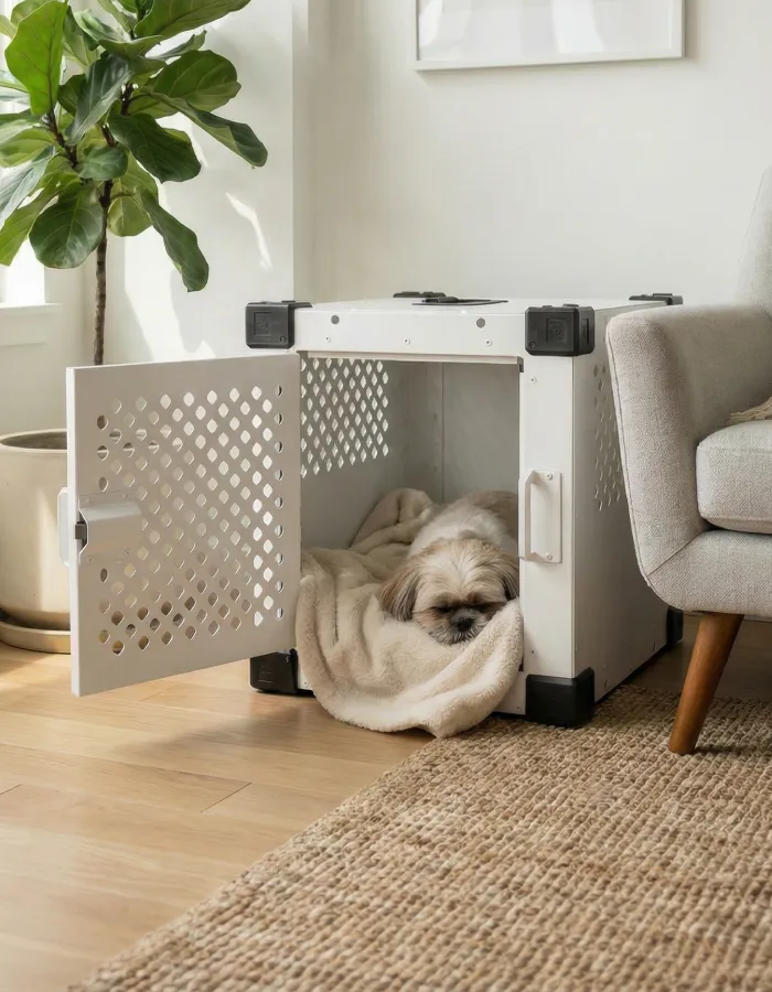 A small, fluffy dog sleeping on a soft blanket inside an open, white dog crate.