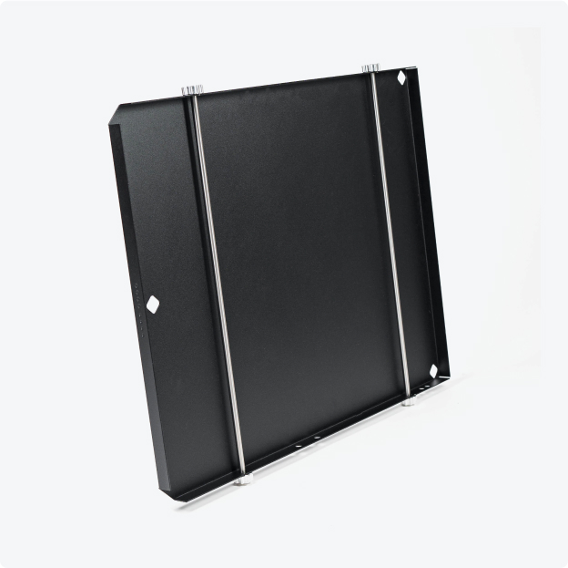 Black rectangular metal panel with two vertical silver rods.