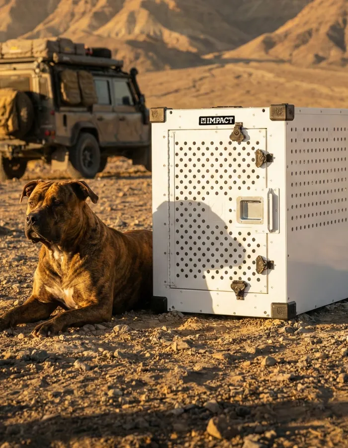 A brindle dog lies on rocky ground next to a white, ventilated crate, with a vehicle in the background.
