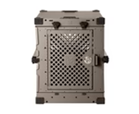 Gray, heavy-duty ventilated storage crate with black corner reinforcements.