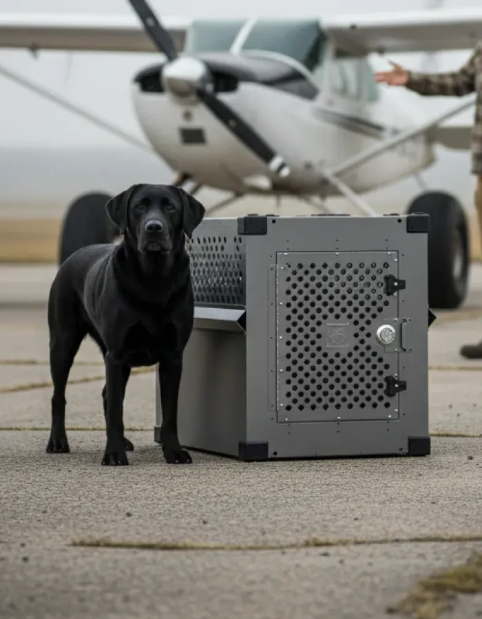 A black Labrador stands next to a grey travel crate on an airfield in front of a small airplane.
