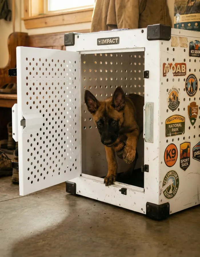 A German Shepherd puppy steps out of an open, white metal crate covered in travel stickers.