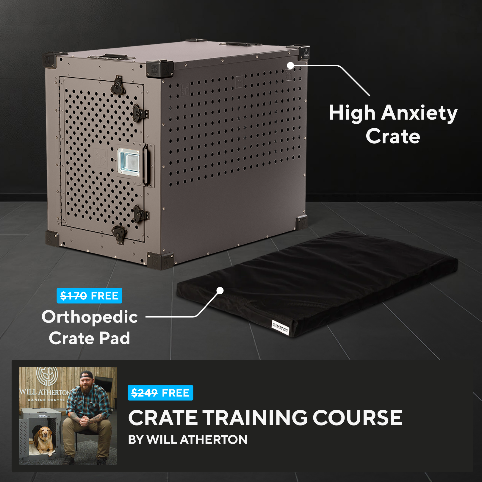Metal crate and black pad labeled as free dog's training course offer.