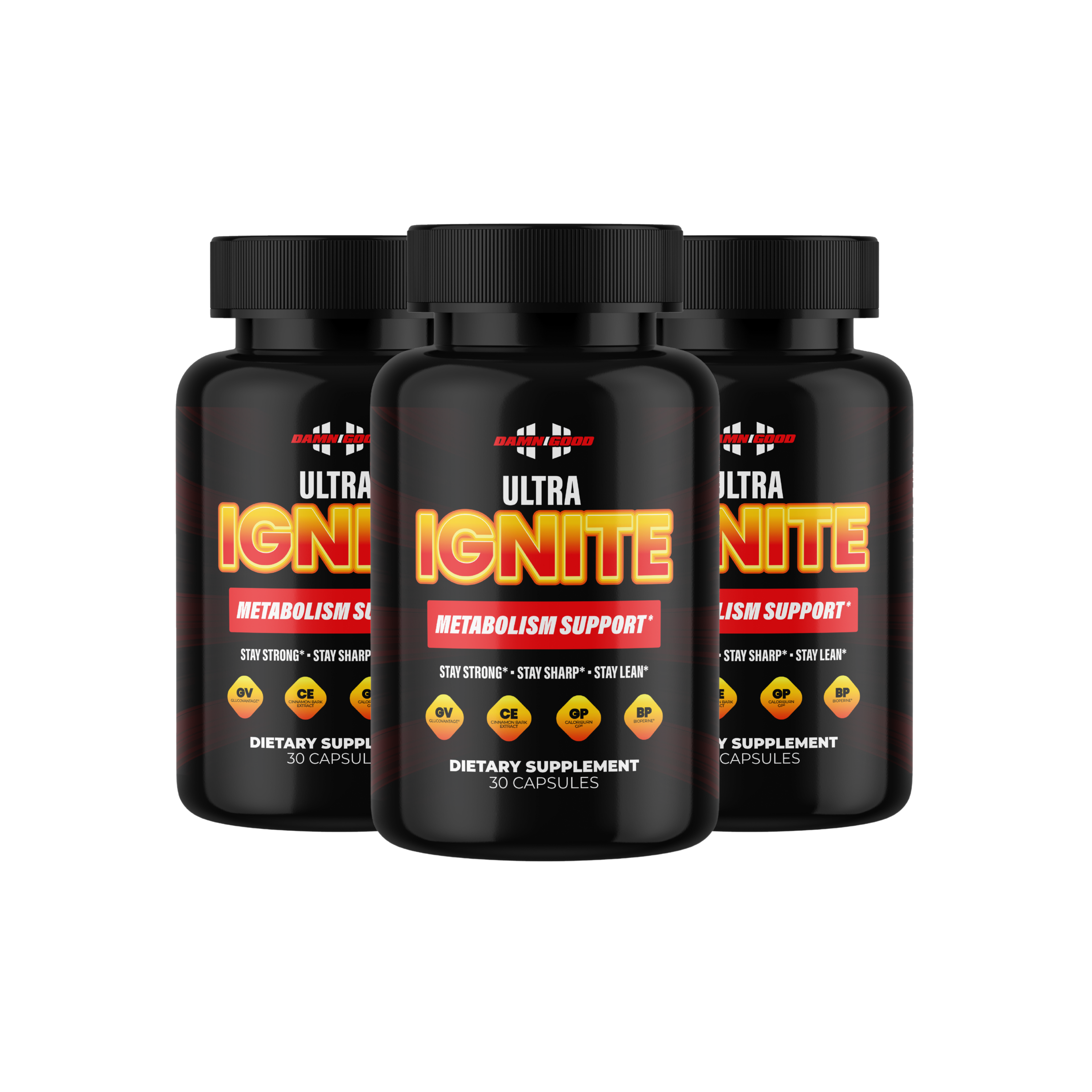 Three bottles of Ultra Ignite metabolism support capsules.