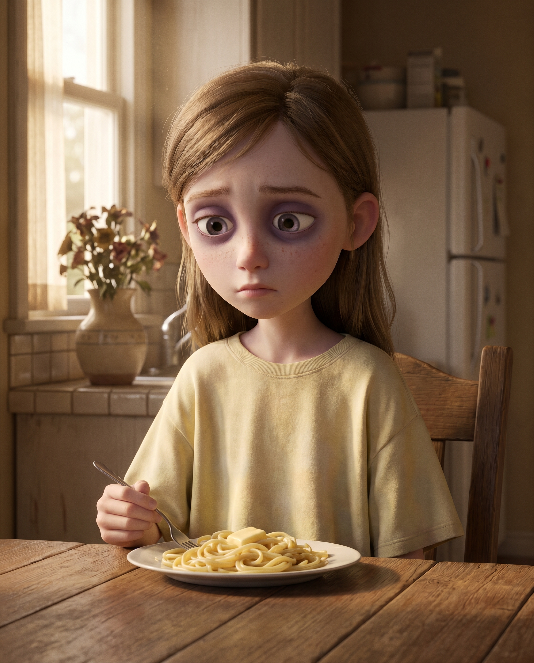 An animated girl with dark circles under her eyes sits sadly before a plate of spaghetti.