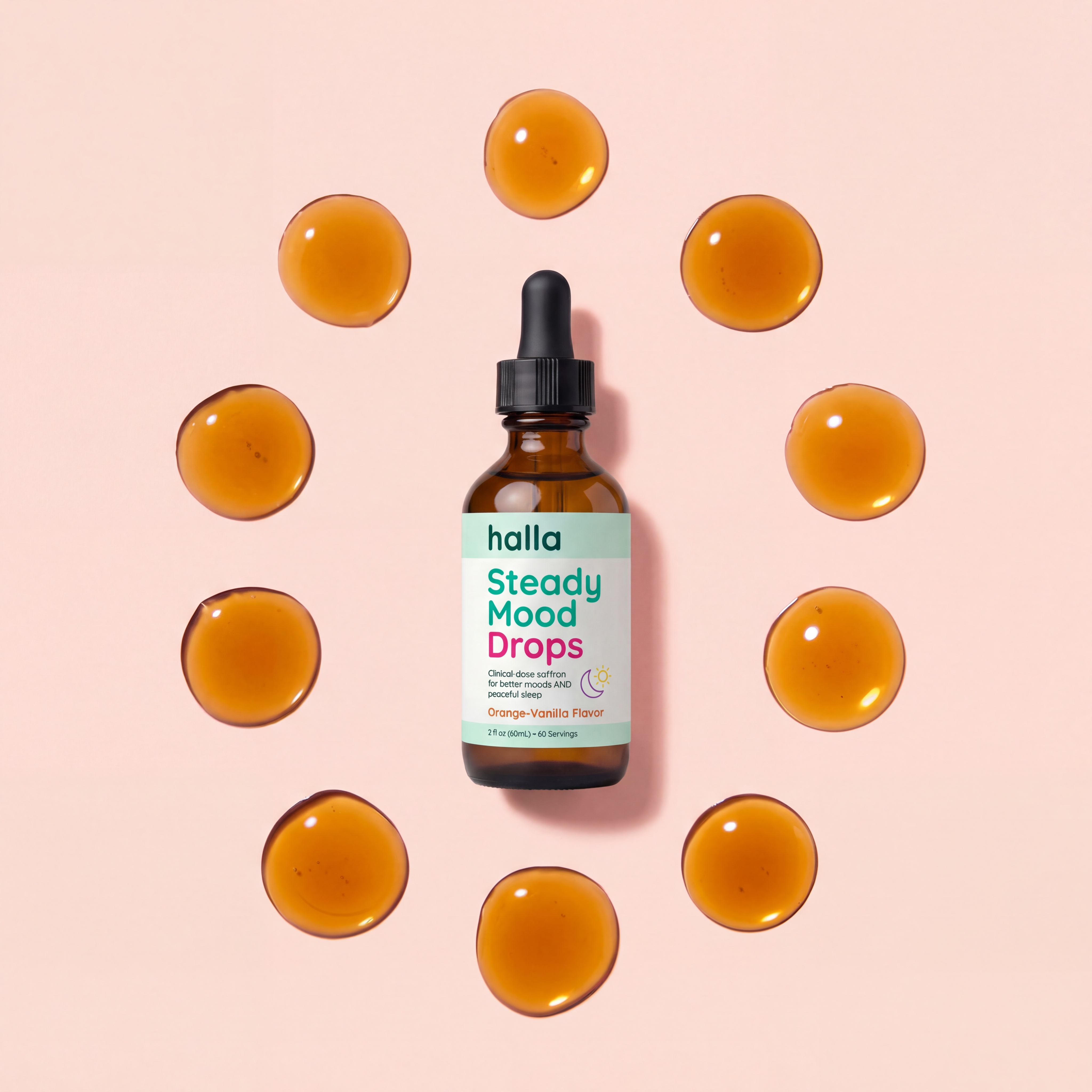 A bottle of halla Steady Mood Drops sits on a pink background, encircled by drops of amber liquid.
