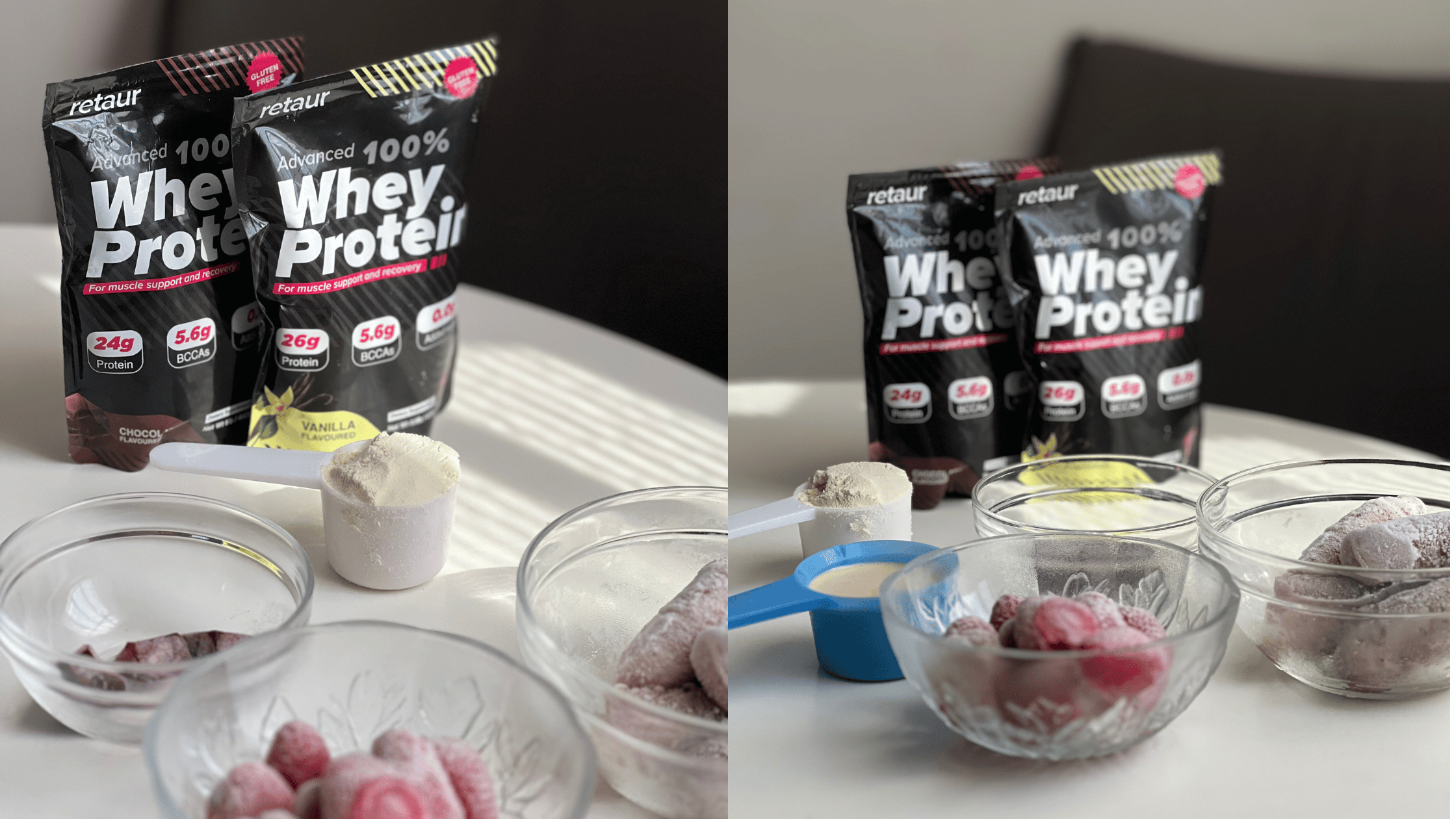 Two bags of whey protein, bowls of frozen strawberries, and scoops of powder on a table.