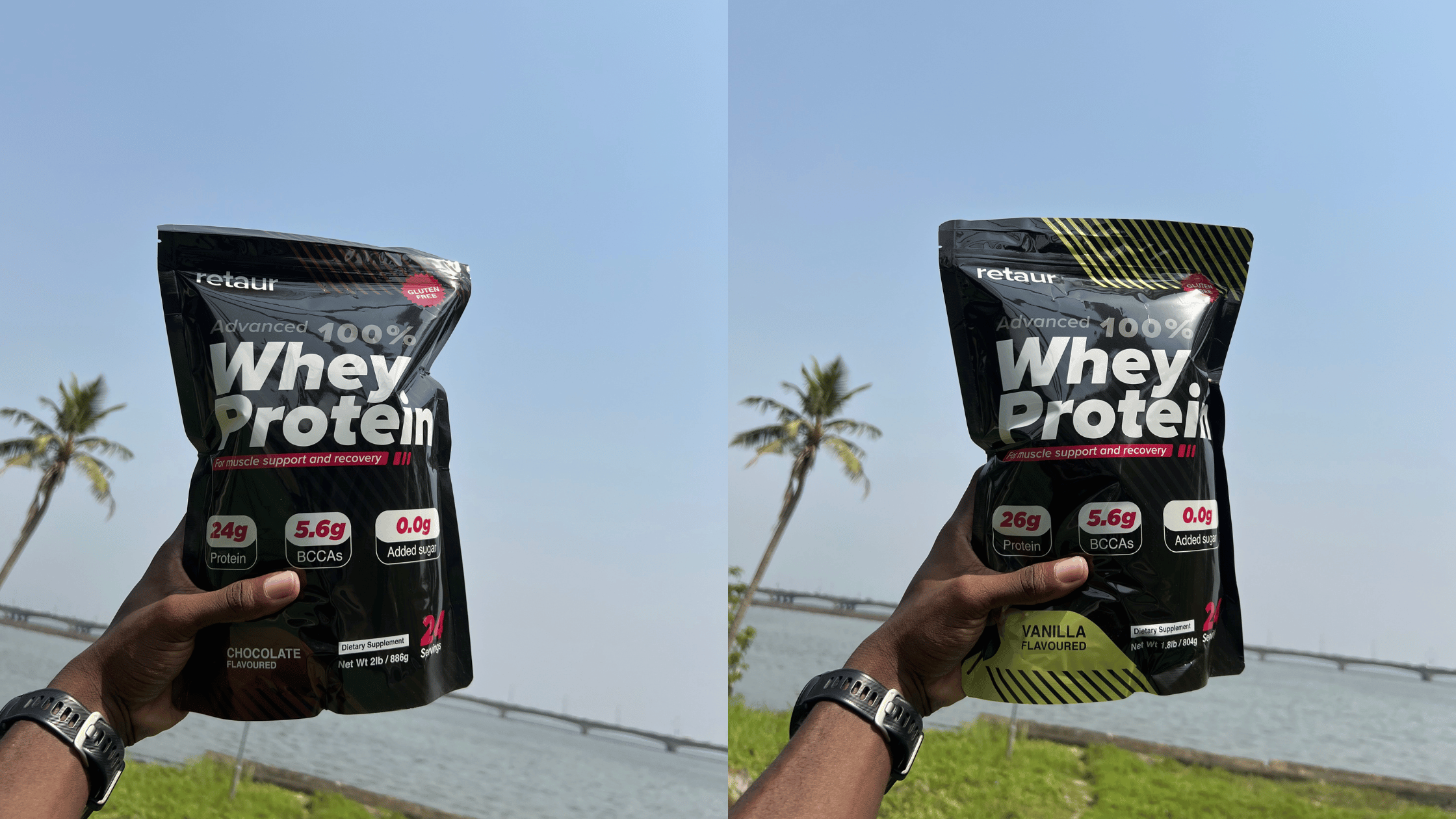 Two hands holding whey protein bags with a palm tree and sky background.