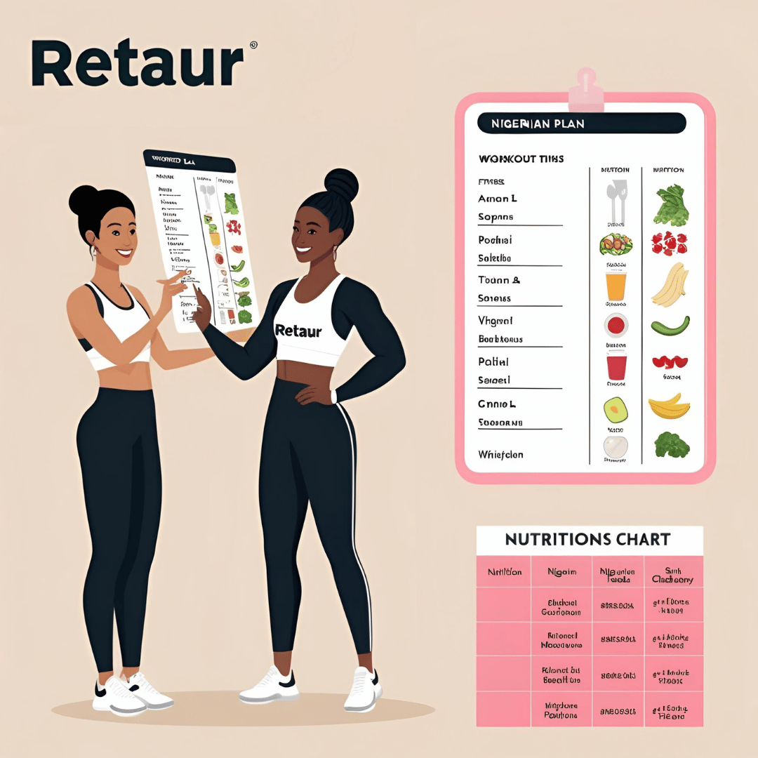 Two women in workout attire discussing a nutrition and workout plan.