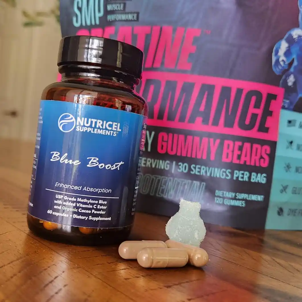 Supplement bottle with capsules and a gummy, text in background.