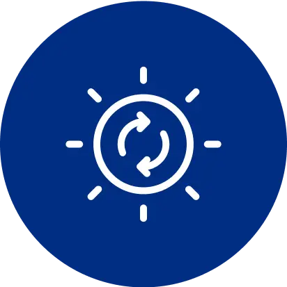 White sun icon with arrows inside on a blue circle background.