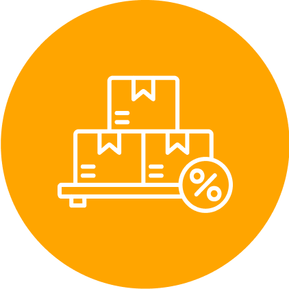 Icon of stacked boxes with a percentage symbol in a yellow circle.