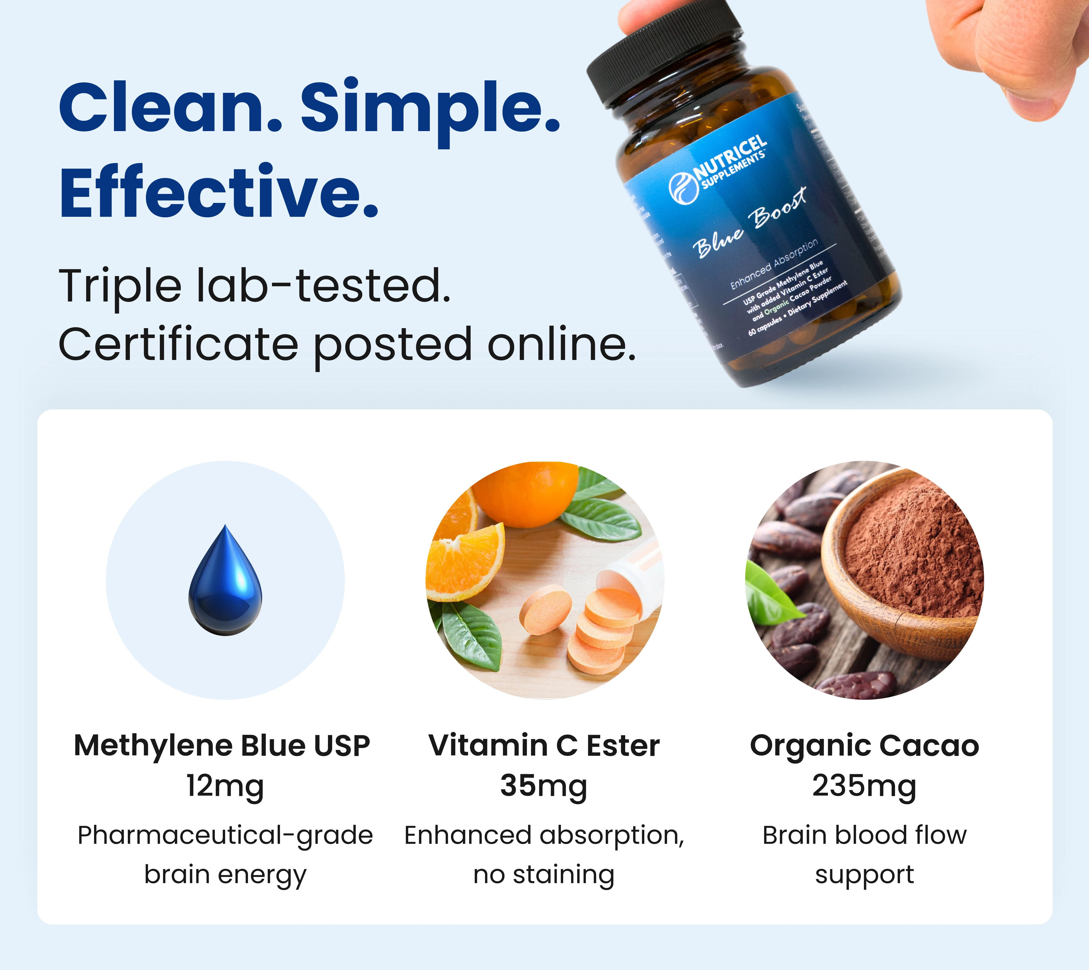 Supplement bottle and ingredient icons with product benefits and descriptions.