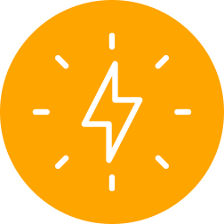 White lightning bolt on orange circle background.