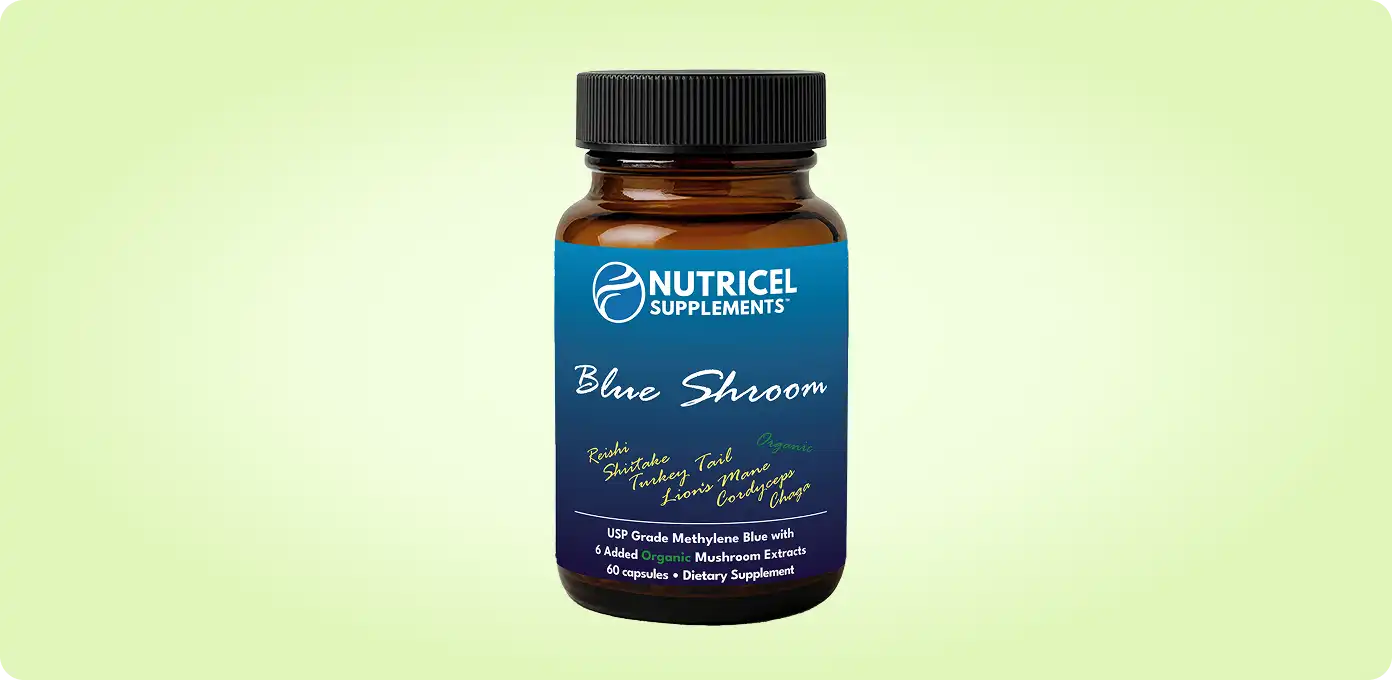 Brown bottle labeled 'Nutricel Supplements Blue Shroom' with blue and green text.