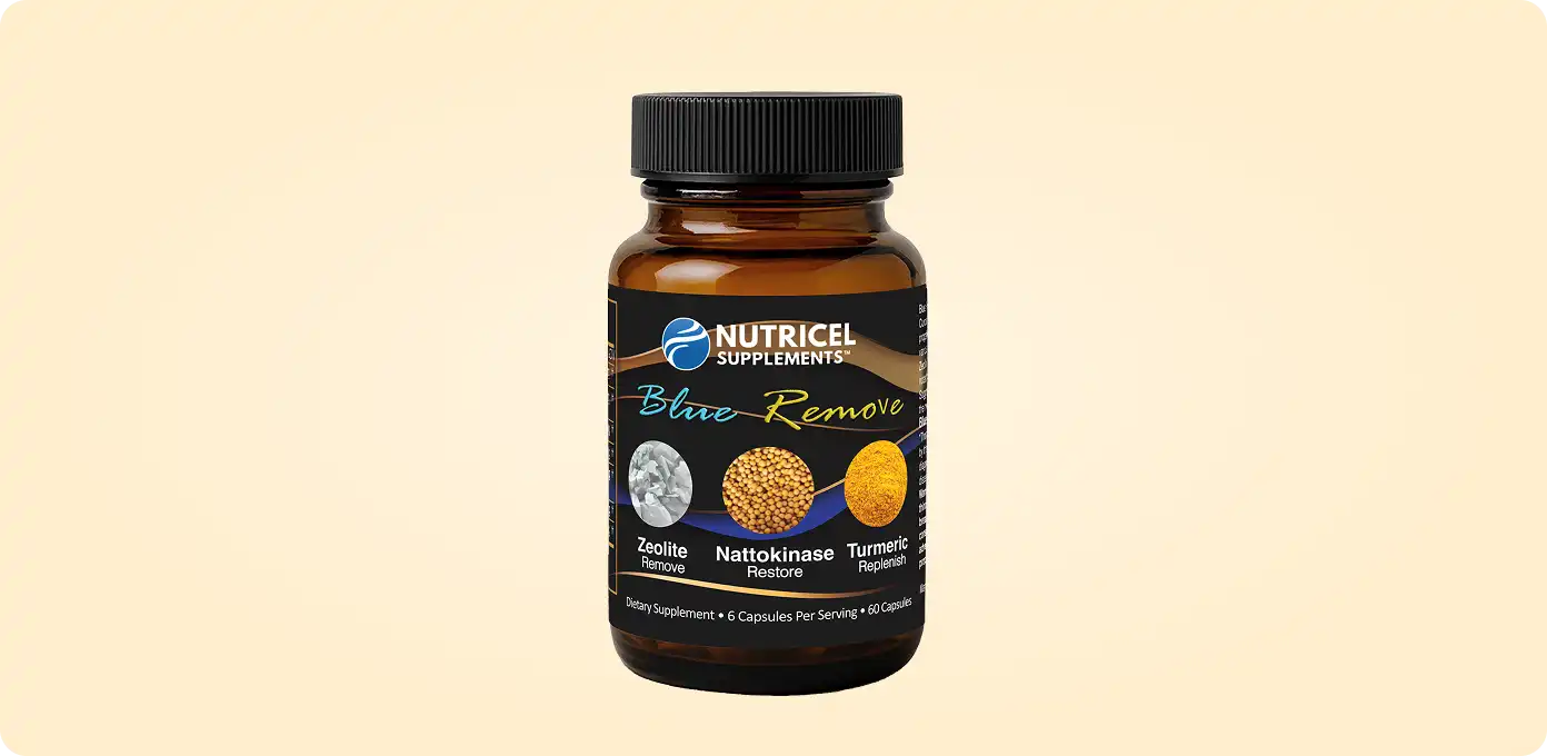 Brown bottle labeled Nutricel Supplements Blue Remove on a beige background.